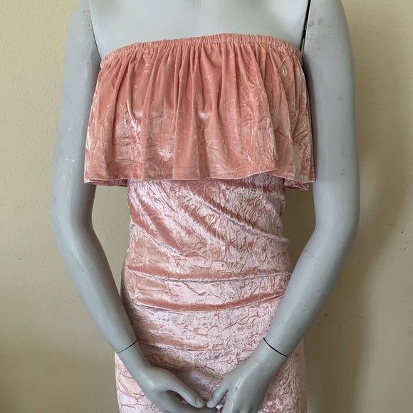 Mono B Pink Velvet Ruffle Trim Off Shoulder Dress - Picture 2 of 7